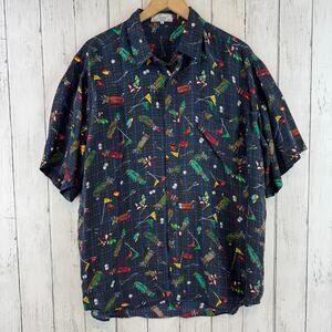 VTG 80's Snow Blue Plaid Washable Silk Golf Clubs Short Sleeve Shirt Size XL
